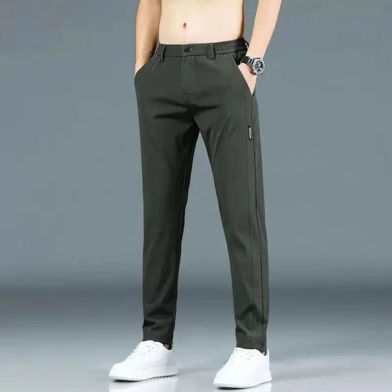 Hehope Summer Ice Silk Men Thin Straight Suit Pants Streetwear Fashion Business Casual Big Size Elastic Waist Versatile Sports Trousers