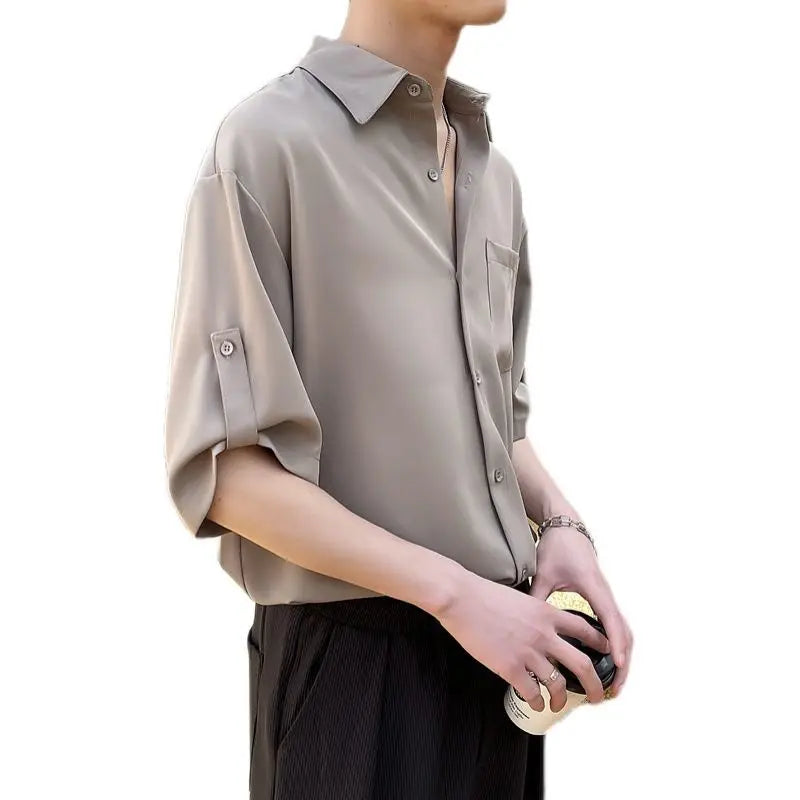 Hehope Summer New Korean Fashion Ice Silk Short Sleeve Shirt Men Half-sleeved Lapel Solid Color Casual High Quality Shirts for Men