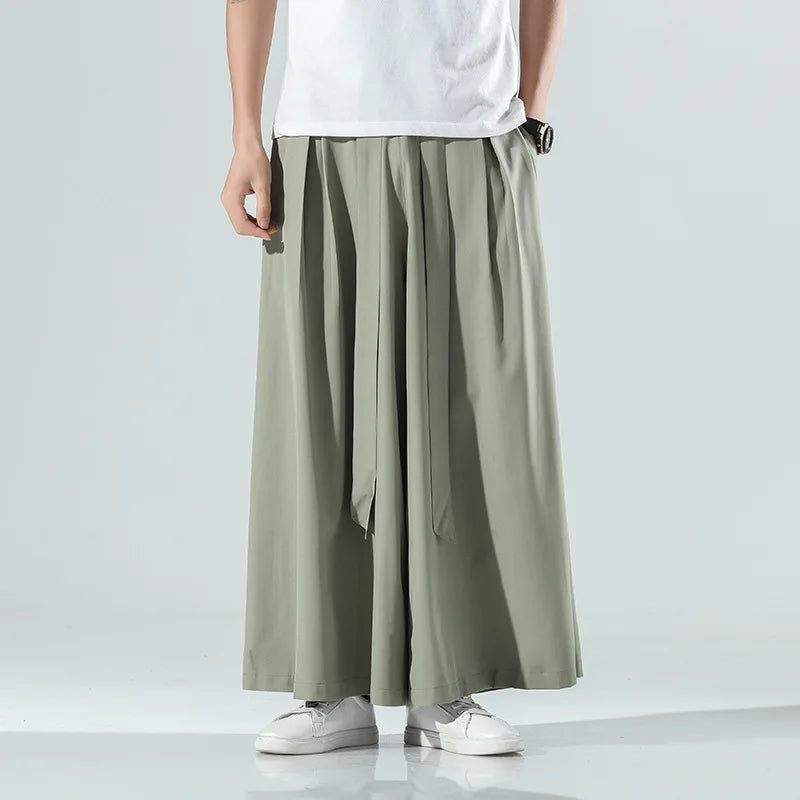 Hehope Chinese Style Summer Men's 2024 New Patchwork High-waisted Bandage Pockets Fashion Solid Color Minimalist Casual Wide Leg Pants