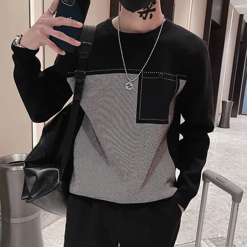 Hehope Spring Autumn New Fashion Round Neck Long Sleeve Pullovers Men's Clothing Patchwork Pocket Knitting Bottoming Shirt Casual Tops