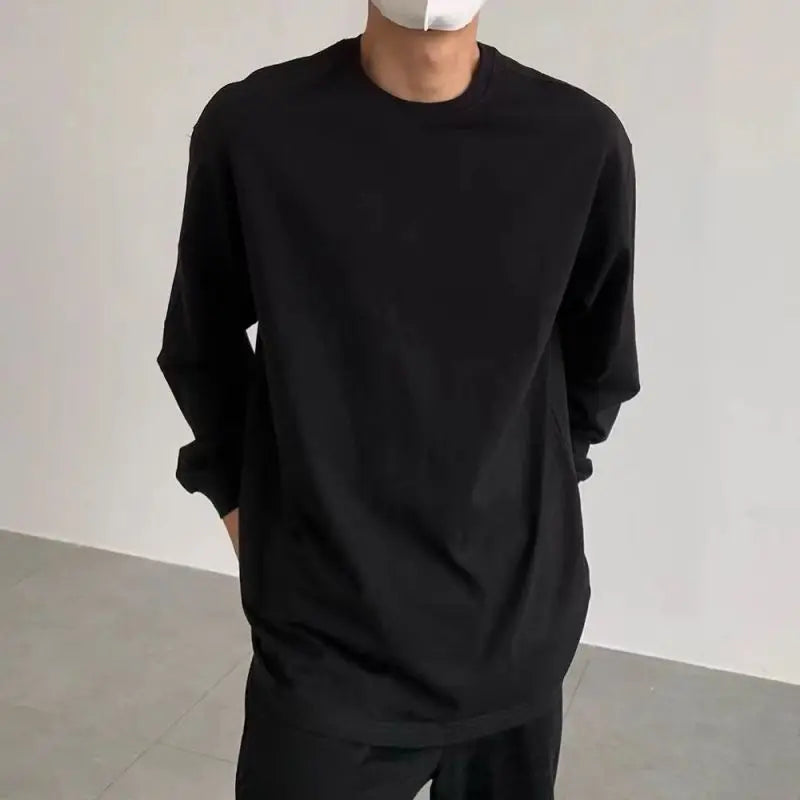 Hehope Spring and Autumn Fashion Casual Loose Round Neck Solid Color Simple and Elegant Versatile Underlay Men's Oversize T-shirt