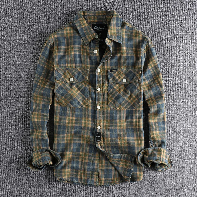 Hehope Kaji Retro Tooling Plaid Shirt Men's Flannel Sanding Comfortable Casual American Joker Shirt Jacket in Autumn and Winter