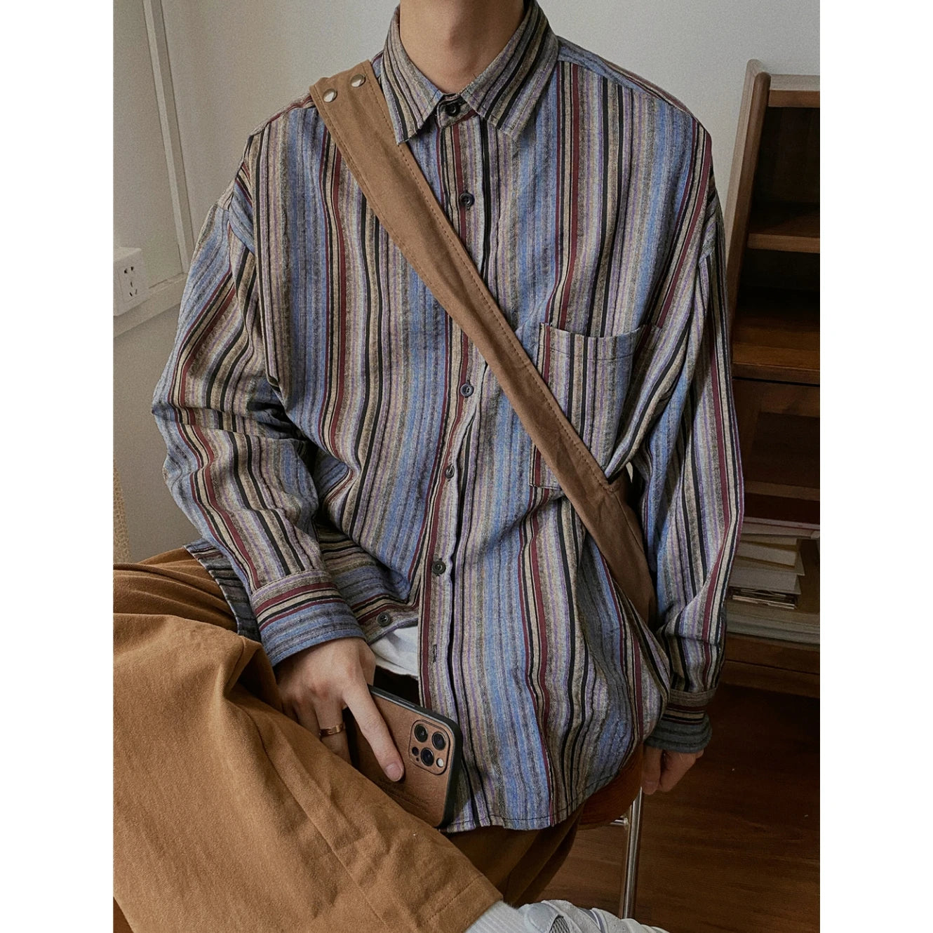 Hehope Autumn Cityboy Loose Japanese Retro Vertical Striped Shirt for Men and Women Long Sleeve Lapel Fashion Designer Shirt Jacket