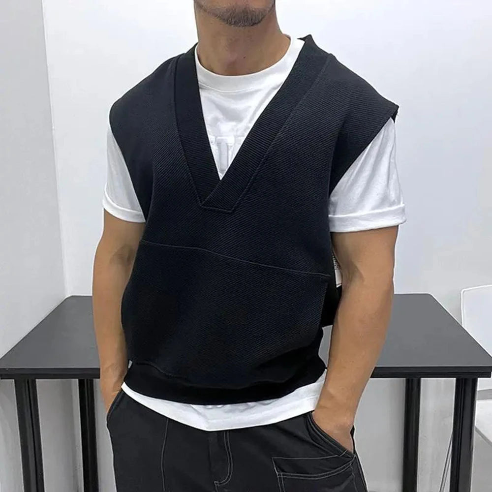 Hehope Mens Sleeveless Knitted Vest Genderless Youth Trendy Personalized Fashion Simple Loose Solid Color Fitness V-Neck Vest Unisex