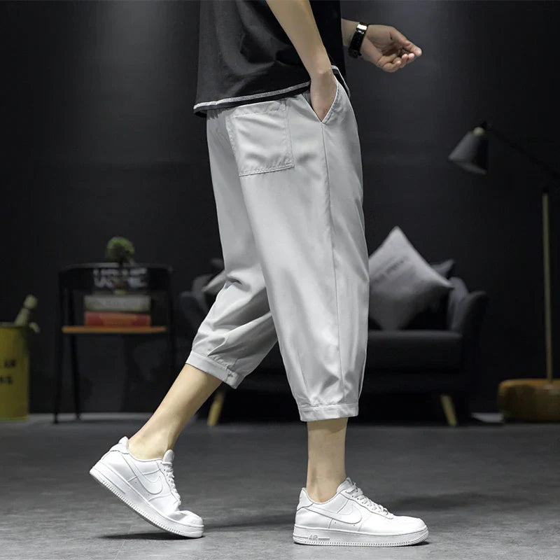 Hehope Cropped Pants Men's Shorts Summer Ice Silk Fashionable Straight Large Size Sports Casual Pants