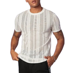 Hehope 2024 Spring Summer Mens Casual Mesh Tops Short Sleeve O Neck Hollow Out T Shirts Fashion Solid Color See Through Breathable Top