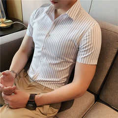 Hehope High Quality Ice Silk Traceless Striped Shirt Men's Summer Short Sleeve Slim Casual Business Shirts Tuxedo Men Clothing 4XL-M