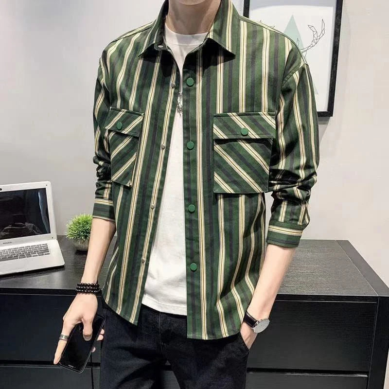 Hehope Spring Autumn Vintage Striped Printed Casual Blouse Homme Loose All-match Buttons Cardigans Male Pocket Shirt Top Men's Clothing