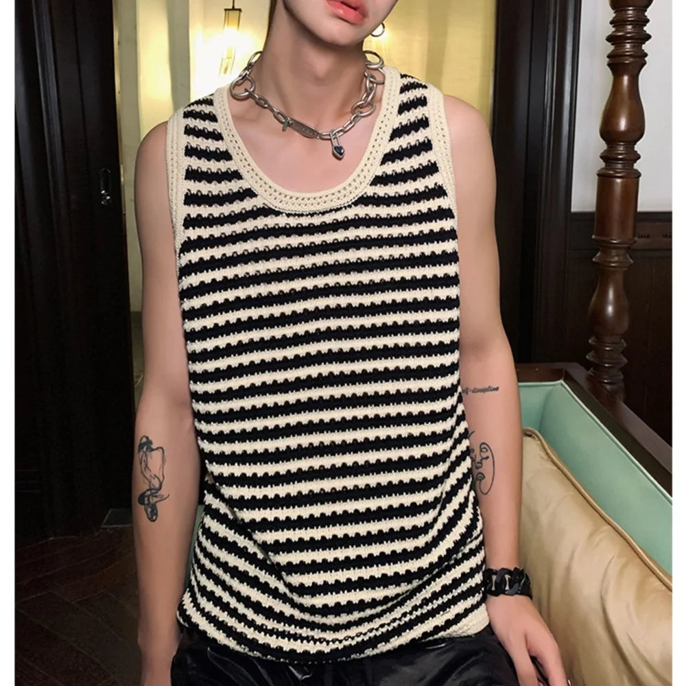 Hehope Summer New Niche Knitted Hollow Striped Vest Men Spaghetti Straps O-Neck Casual Loose Retro Couple Knit Sweater Vest