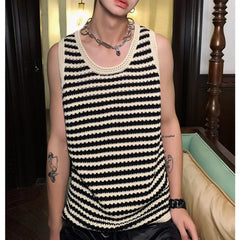 Hehope Summer New Niche Knitted Hollow Striped Vest Men Spaghetti Straps O-Neck Casual Loose Retro Couple Knit Sweater Vest