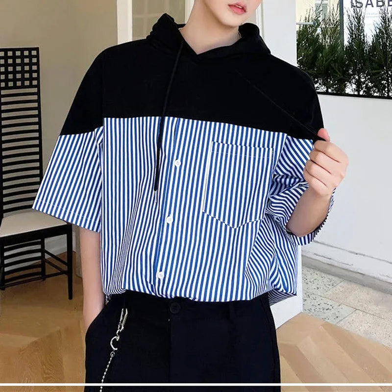 Hehope 2024 New Summer Fashion High-end Personalized Design Feeling Loose Casual Oversized Striped Printed Short Sleeved Hooded Shirt