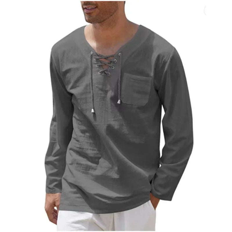 Hehope Summer New Men's Long Sleeves T-shirt Cotton Linen Clothes V Neck Lace-up Loose Tops Tees Shirt Beach Casual Pullover S-4XL