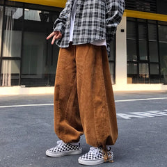 Hehope Japanese Streetwear Corduroy Wide-leg Cargo Pants Men Autumn Retro Hip Hop Trousers Male Joggers Loose Drawstring Casual Pants