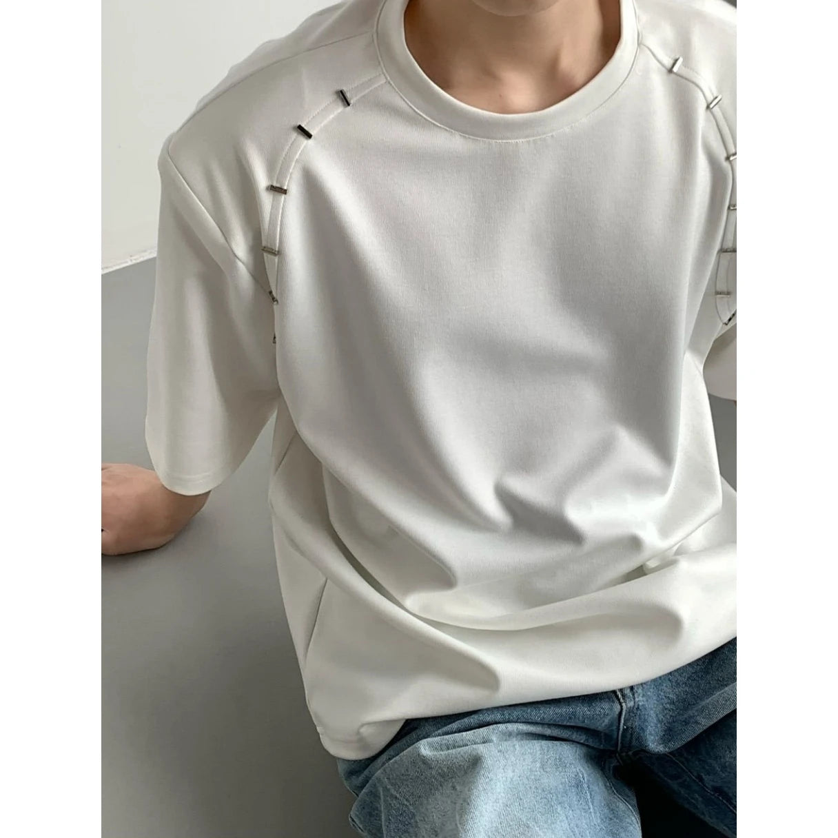 Hehope Korean Style Heavy Shoulder Pad Short Sleeve T Shirt Men Metal Niche Design Loose Casual Harajuku Solid Color Bottoming Shirt