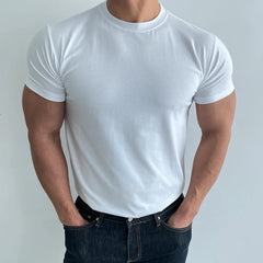 Hehope Summer Mens Casual T-shirts Solid Color Short Sleeve O Neck T Shirt For Mens Sports Fitness Breathable Elastic Slim Cotton Tops