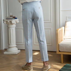 Hehope Summer Seersucker High Waist Straight Pants British Petty Bourgeoisie Blue Stripe Italian Casual Trousers Men Pantalones Hombre