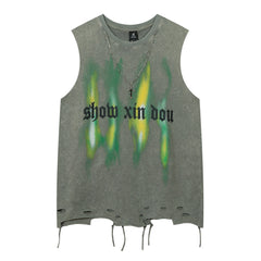 Hehope New Summer Retro Necklace Washed Vest Men's Streetwear Oversized Trendy Hole Sleeveless T-shirt Women Hip Hop Casual Tank Top