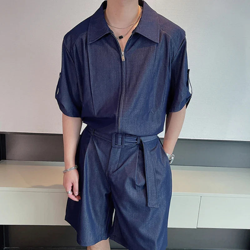 Hehope Summer Fashion Denim Short Sleeved Shirt Set Men's Loose Shorts Two-piece Set Oversized Social Streetwear Harajuku Set