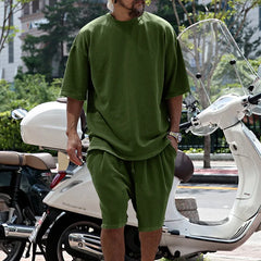 Hehope 2024 Summer New Large Cotton Men Set Casual Sports Round Neck Solid Color Loose Male Two Piece Set