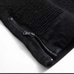 Hehope New Summer Men's Jean Motorcycle Biker Denim Shorts With Zippers Pleated Straight Slim Men Black Stretch Jeans Shorts Trousers