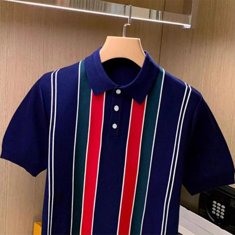 Hehope 2024 Summer Short Sleeve Casual Polo Shirt Men Fashion Button Lapel Striped Knitting Tops For Mens Vintage Knitwear Streetwear