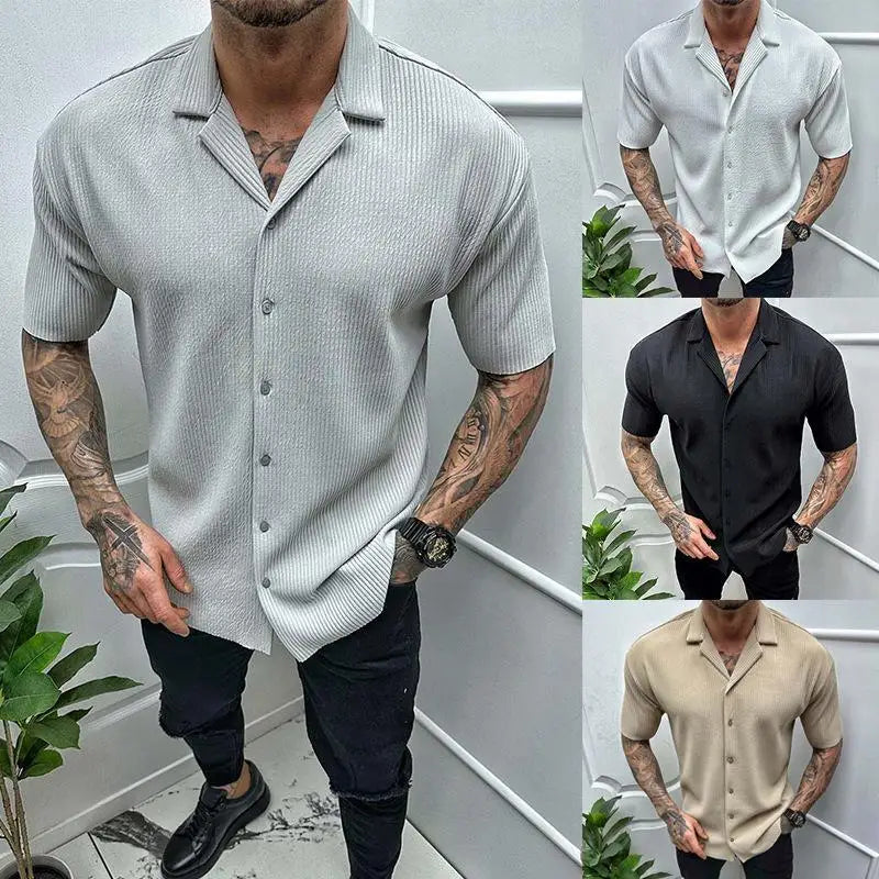 Hehope Street Trend Summer Solid Cardigan Short Sleeved Men's Stand Collar Button Patchwork Casual American Fashion Versatile Thin Tops