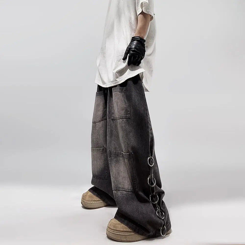 Hehope  American Style Oversized Pocket Retro Baggy Jeans Men Y2k Hip Hop Punk Wide Leg Straight Overalls Black Denim Pants Streetwear