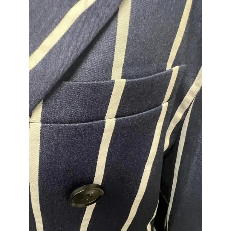 Hehope 2Pcs Mens Blazer Sets Suits Casual Blazer Business Striped Turndown Collar Double Breasted Blazer Suit for Work and Daily Wear