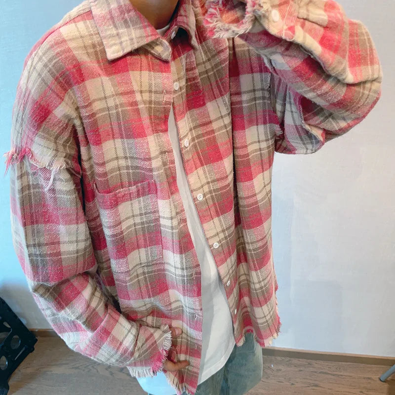 Hehope 2024 Loose Casual Pink Plaid Shirt Tops men's Clothing Autumn Retro Versatile Cotton Lapel Oversize Long Sleeve Shirt Blouse