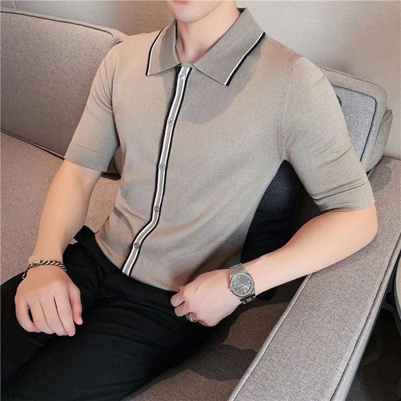 Hehope Men Polo Shirt Summer New Thin Ice Silk Elastic Casual Slim Fit Knitted Short Sleeve Polo Shirts British Style Men Clothing