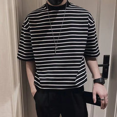 Hehope Korean Summer New Fashion Stripe Short Sleeve T-shirt Men Simple Turtleneck Male Clothes Trend Loose Casual Versatile Thin Tops