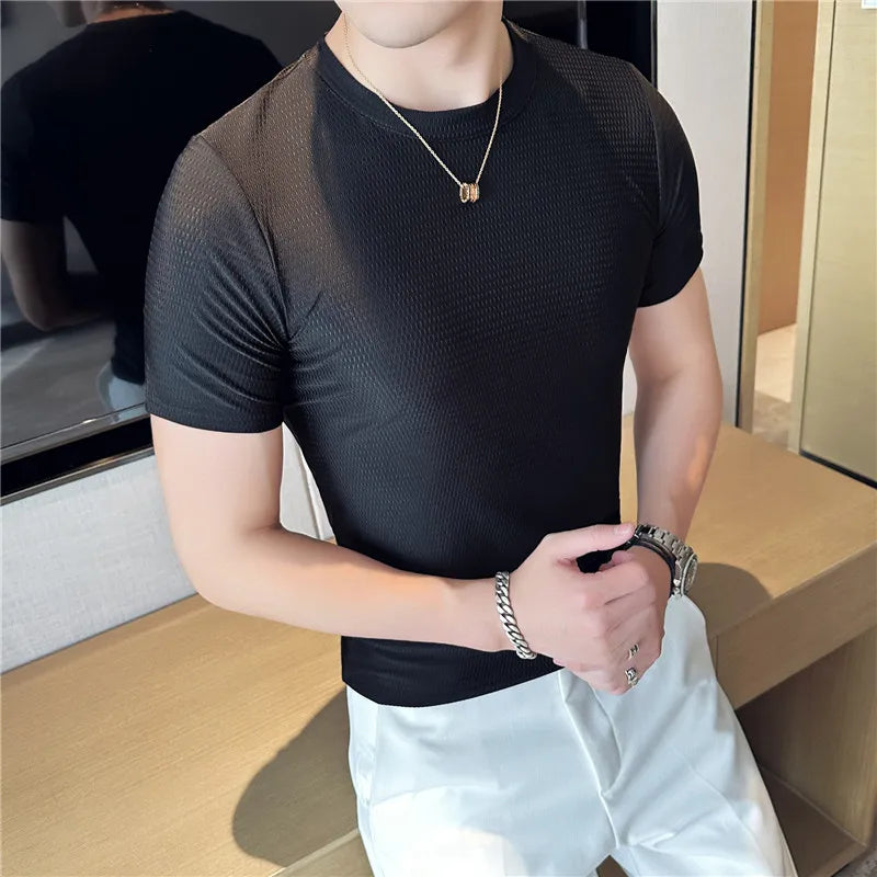 Hehope Men T Shirt Summer New Thin Ice Silk Solid Casual Short Sleeved Elastic Slim Fit T-shirt Tops Korean Fashion Men Clothing