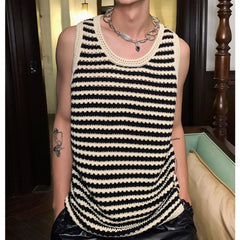 Hehope Summer New Niche Knitted Hollow Striped Vest Men Spaghetti Straps O-Neck Casual Loose Retro Couple Knit Sweater Vest