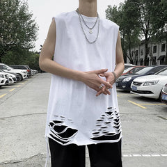 Hehope 2024 Summer Cotton Vest Men's Hem Holes Handsome Sleeveless T-shirt Outside Ins Fashion Brand Inside with Fashion Bottoming Shirt