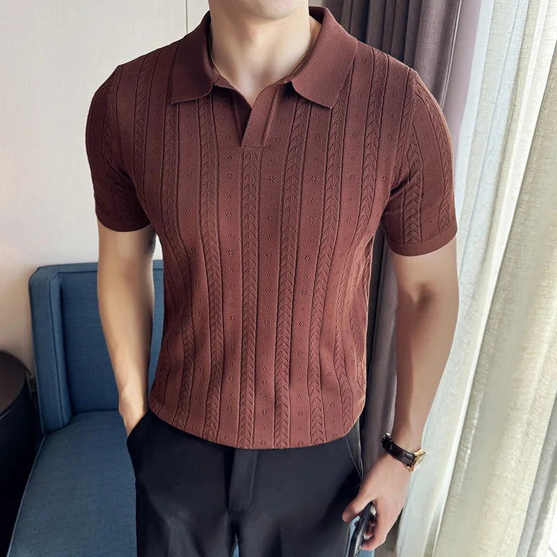 Hehope Men's V-neck POLO Shirt 2024 Summer New Hollow Striped Jacquard Solid Color Casual Short Sleeve knitted T-shirt Men's Clothing