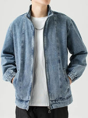 Hehope Stand Collar Denim Jacket Men Casual Autumn Zip Closure Jacket Coat Loose Baggy Blue Retro Jacket Man Fashion Clothing