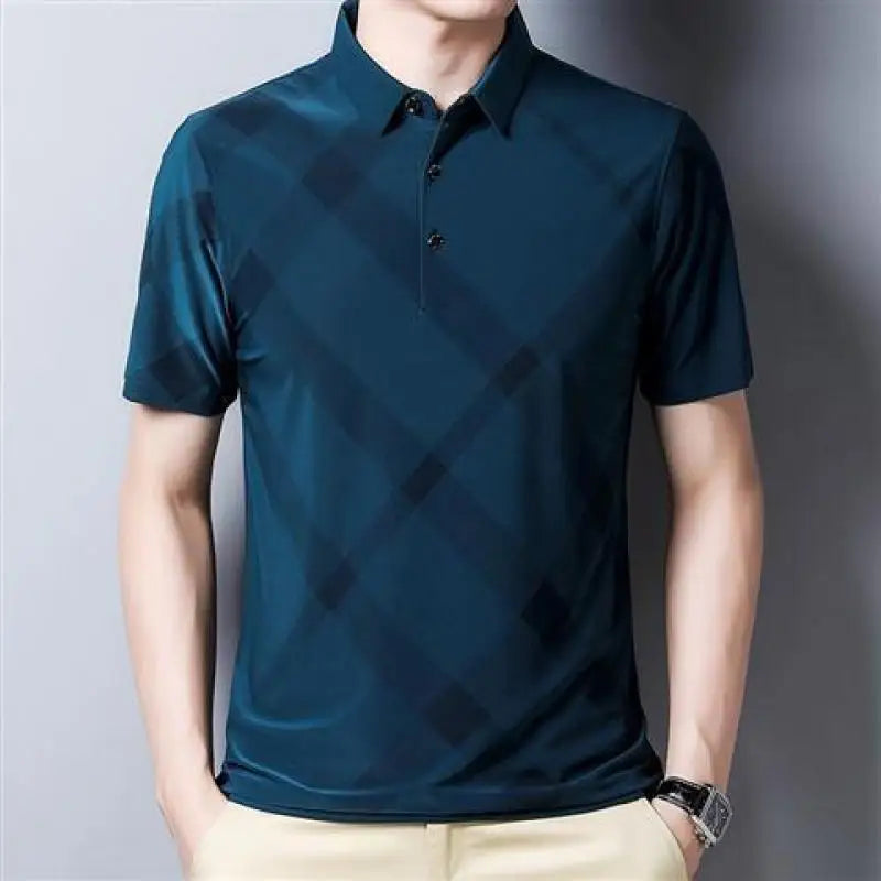 Hehope Summer Short Sleeve T-shirt Men's Turn-down Collar Pullover Fashion Plaid Polo Tees Loose Striped Button Solid Casual Tops