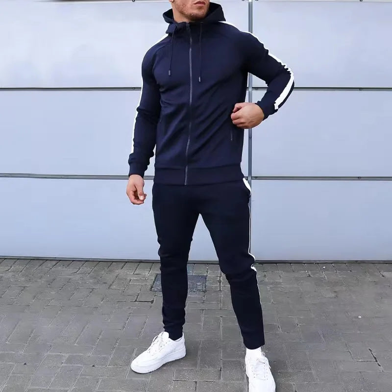 Hehope Spring Autumn New 2 Piece Sets Men Tracksuit Casual Stripe Joggers Hooded Sportswear Jackets+Pants Hip Hop Running Sports Suit