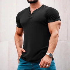 Hehope Leisure Solid Color Short-sleeved T Shirt Men Clothes Casual Buttoned V Neck Pullover Tops Spring Summer Mens Fashion T-shirts