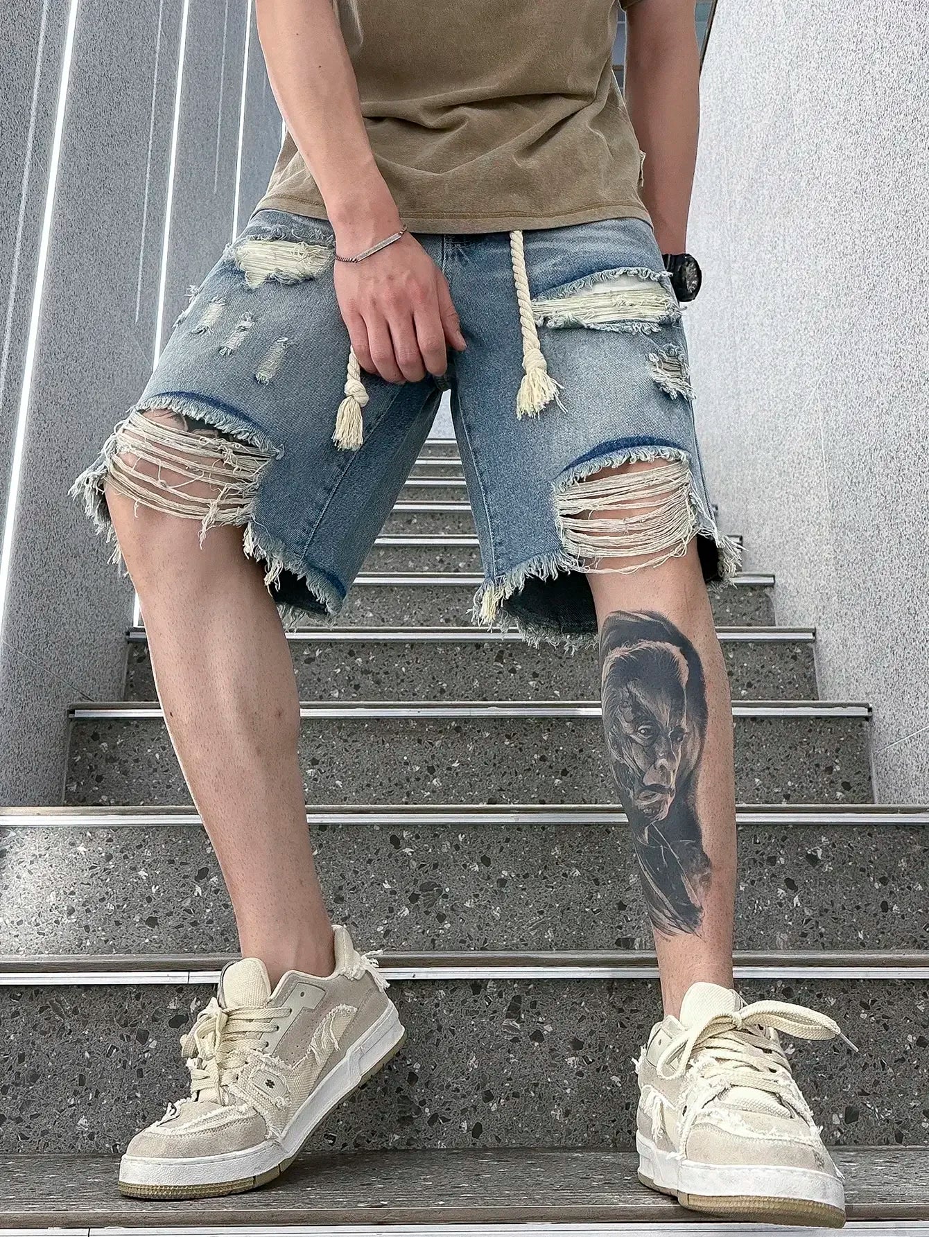 Hehope Men Summer Stretchy Denim Shorts Jeans for Men Streetwear Style Ripped Denim Shorts with High Stretch Knee Baggy Comfort Pants