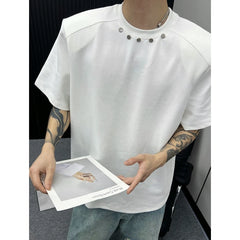 Hehope Heavy High-end Niche Short Sleeve T Shirts for Men Summer Loose  Ins Design Solid Color Rivet Round Neck T-shirt Streetwear