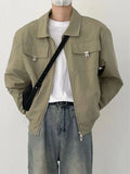 Hehope Streetwear Mens Jacket Spring Long Sleeve Zip up Lapel Patch Pockets Coats For Men Vintage Cargo Jackets Solid Color Men's Coat