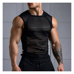 Hehope Men's See-through Striped Vest Sexy Cutout Mesh Men's Black Vest Summer Sleeveless Tee Male Sleeveless T-shirt Tank Top Man Tops