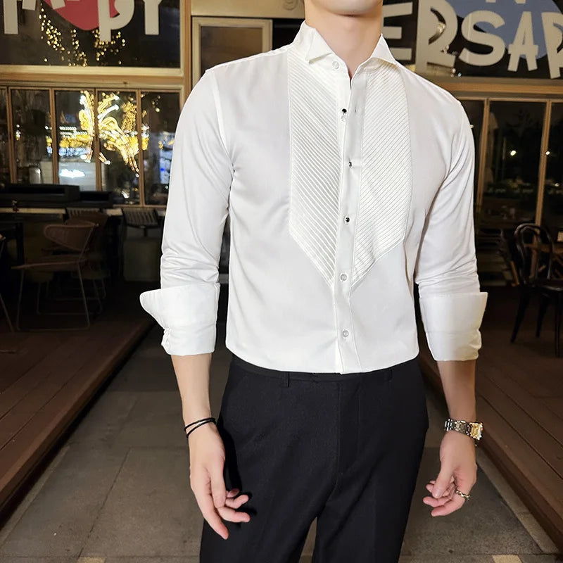 Hehope Men Dress Shirt Long Sleeve French Wing Collar 2024 Autumn Solid Color Casual White Black Shirt Fashion Social Banquet Tuxedo