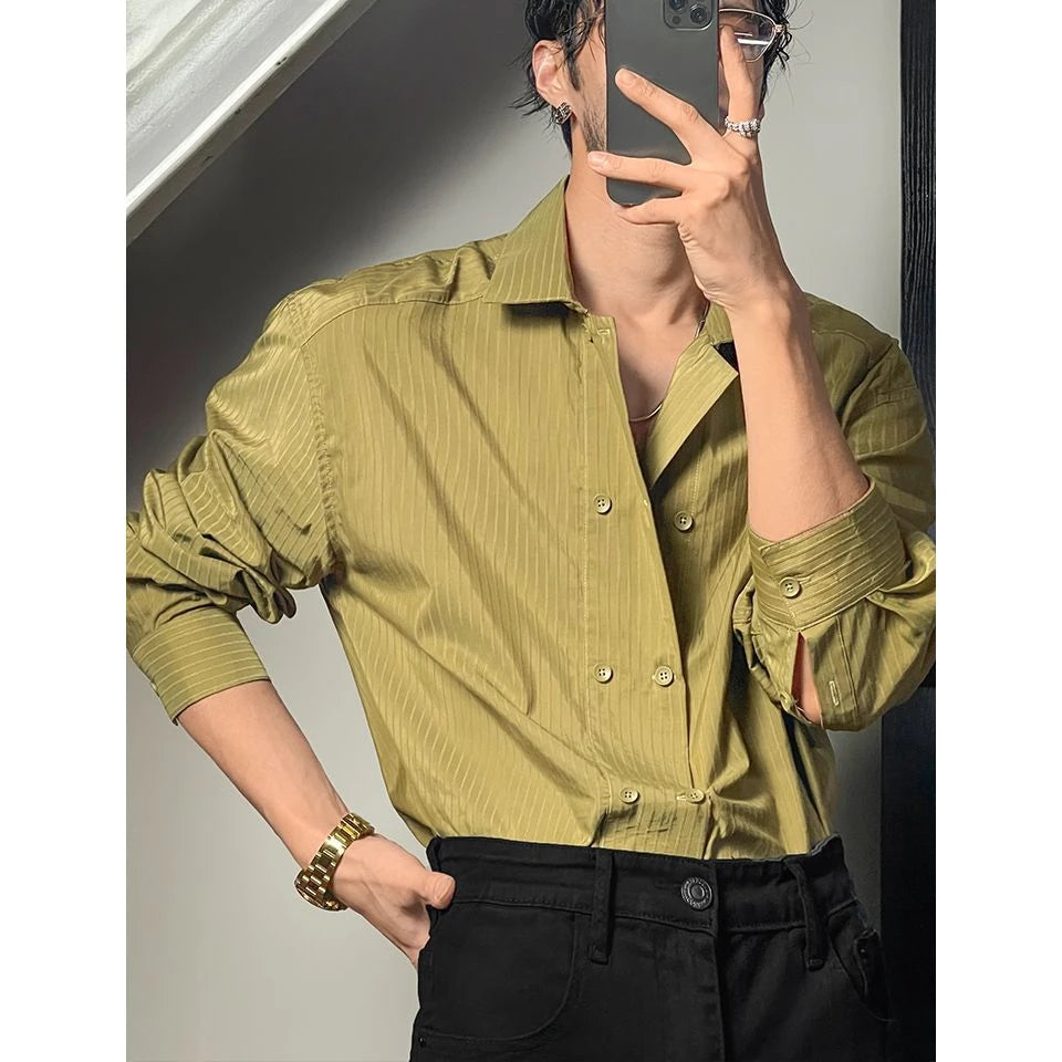 Hehope High-end Simple Striped Double Breasted Shirt for Men Autumn New Korean Style Trendy Solid Color Long Sleeves Men's Social Shirt