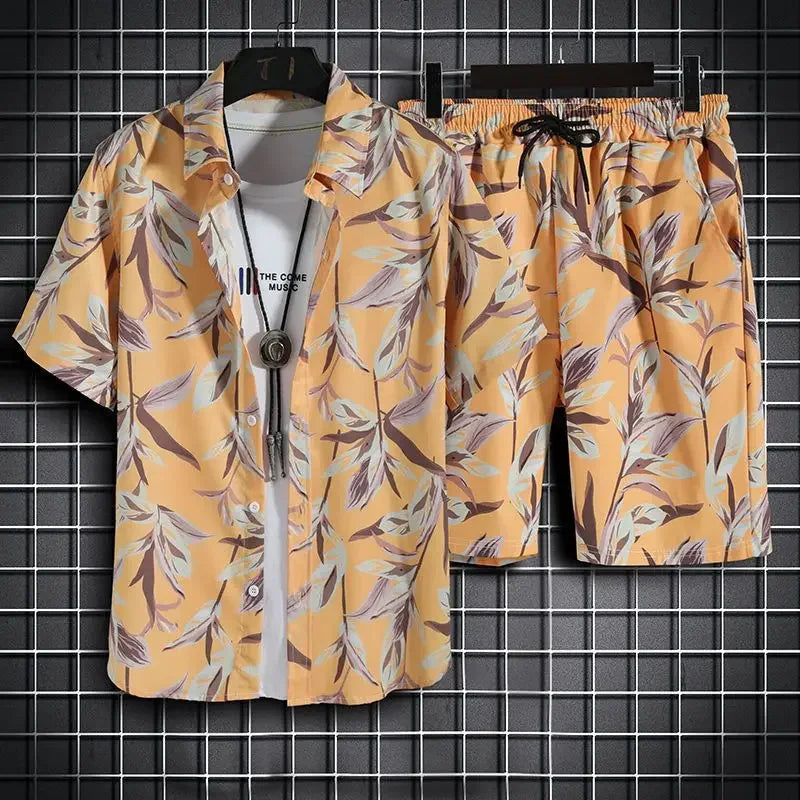 Hehope Summer New Men Beach Clothes 2 Piece Set Quick Dry Hawaiian Shirt Shorts Set Men Fashion Clothing Printing Casual Male Outfits