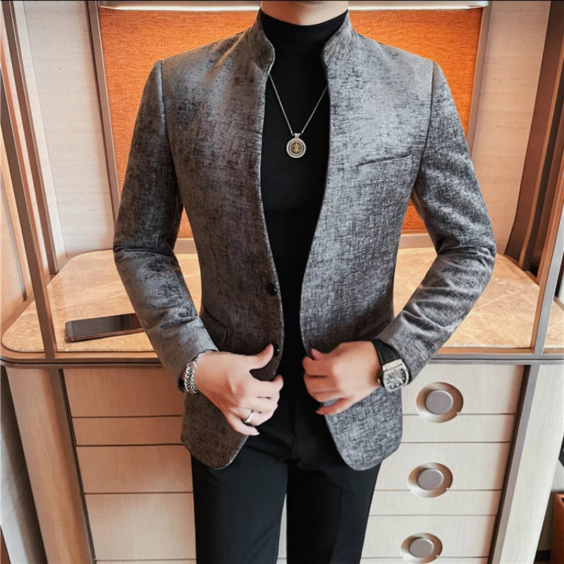 Hehope Autumn Corduroy Stand Up Collar Suit Jacket Men Slim Fit Casual Business Blazers Street Wear Social Banquet Party Suit Jackets