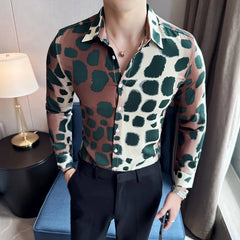 Hehope Fashion Leopard Print Shirt Autumn New Long Sleeve Slim Fit Casual Tuxedo Man Wedding Social Blouse Homme Plus Size 4XL-M