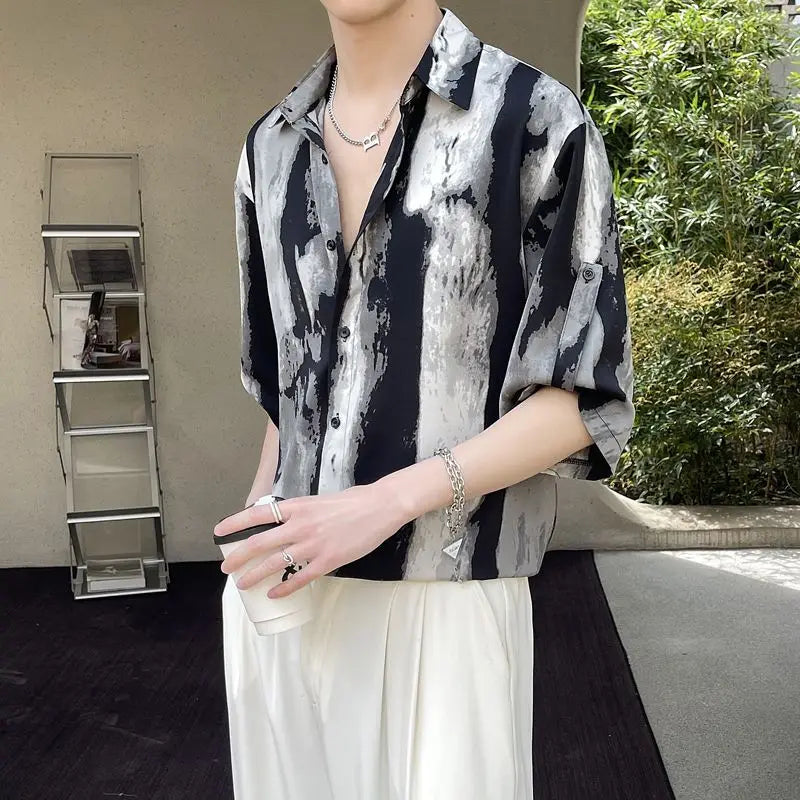 Hehope 2024 New Summer Haute Couture Lapel Print Korean Version Ruffled and Handsome Loose Casual Oversize Medium Sleeved Floral Shirt