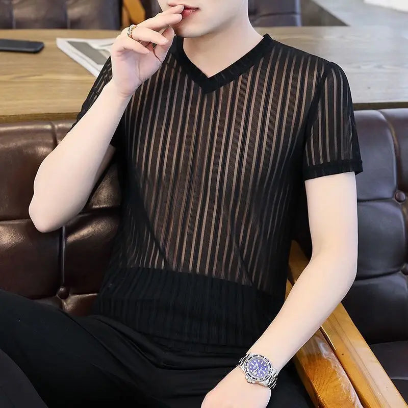 Hehope Korean Ice Silk Fabric Men's Clothing Summer Ventilate Hollow Tops Man Casual V-neck Solid Color T-shirt